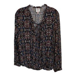 Knox Rose Womens Shirt Size Small Black Geometric Elastic Waist Long Sleeve Tie